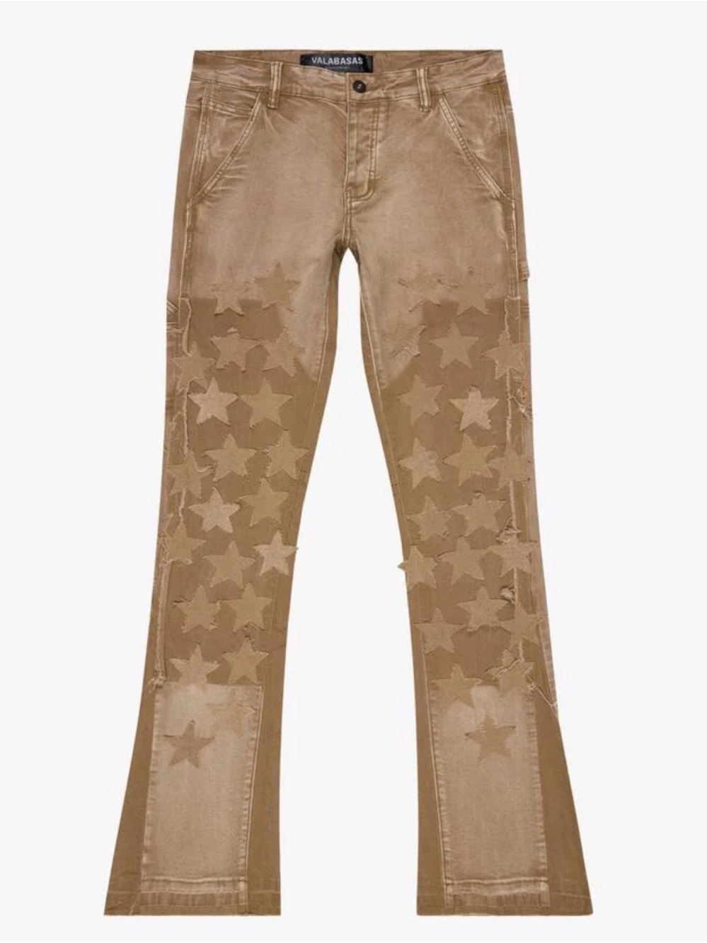 Valabasas V-Stars Jeans 36 Tan Brown Wash Stacked Flare Star Appliqué Streetwear